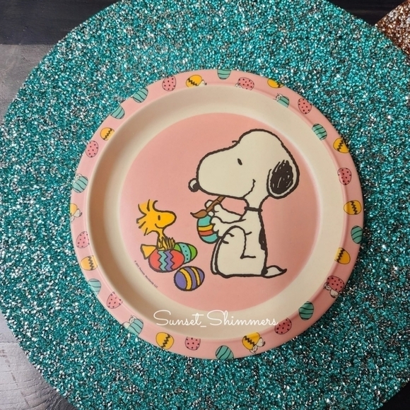4 New Peanuts Snoopy & Woodstock Kids Easter Egg Dinner Plate Bowl Cup Utensils - Picture 6 of 12